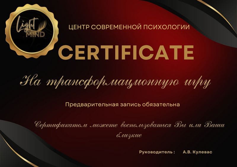 Подарочный сертификат на Трансформационную игру Light Mind 